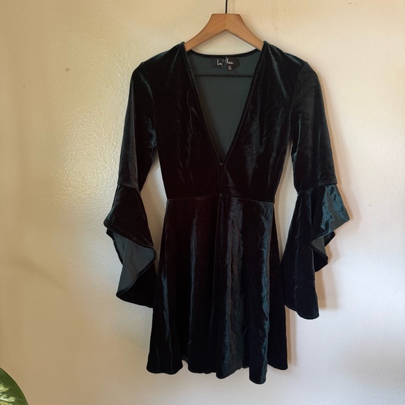 Lulus | Wrapped in Luxe Forest Green Velvet Bell Sleeve Skater Dress - Picture 2 of 8